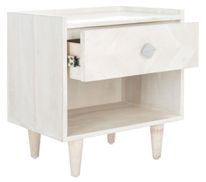 Safavieh Tahseen Parquet Nightstand - Luxurious Acacia Wood Design With Faux Marble Top And Gold Accents White Wash/Silver NST9004B
