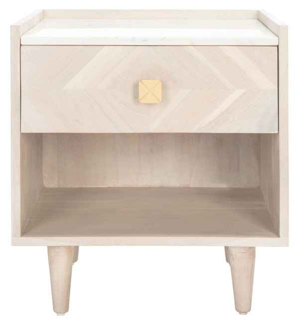 Safavieh Tahseen Parquet Nightstand - Luxurious Acacia Wood Design With Faux Marble Top And Gold Accents White Wash/White/ Brass NST9004C