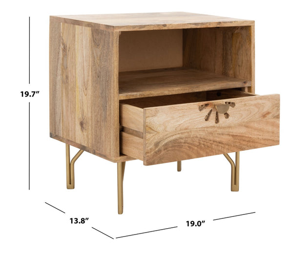 Safavieh Lily Scandinavian-Inspired Nightstand With Drawer & Open Shelf - Elegant Mango Wood & Brass Accents NST9006A