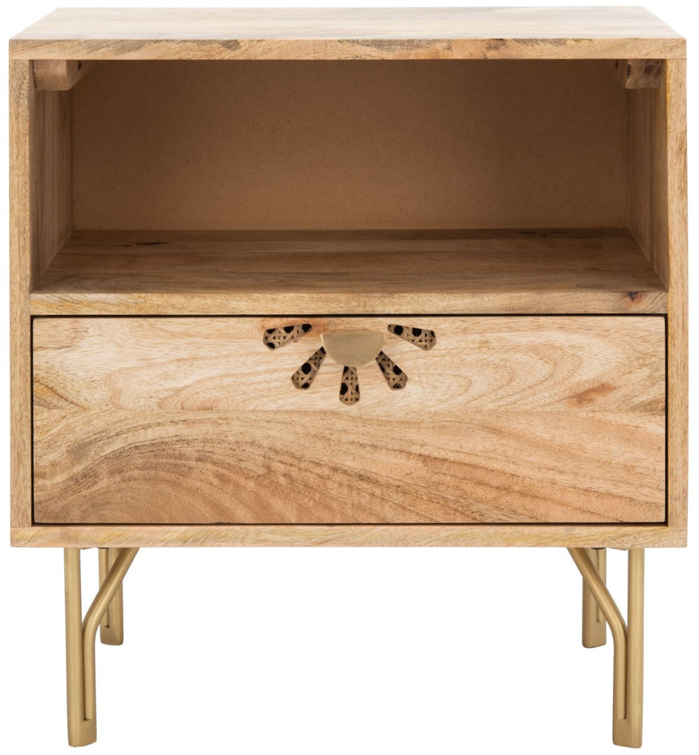 Safavieh Lily Scandinavian-Inspired Nightstand With Drawer & Open Shelf - Elegant Mango Wood & Brass Accents NST9006A