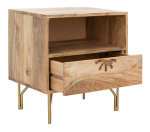 Safavieh Lily Scandinavian-Inspired Nightstand With Drawer & Open Shelf - Elegant Mango Wood & Brass Accents NST9006A