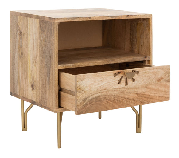 Safavieh Lily Scandinavian-Inspired Nightstand With Drawer & Open Shelf - Elegant Mango Wood & Brass Accents NST9006A