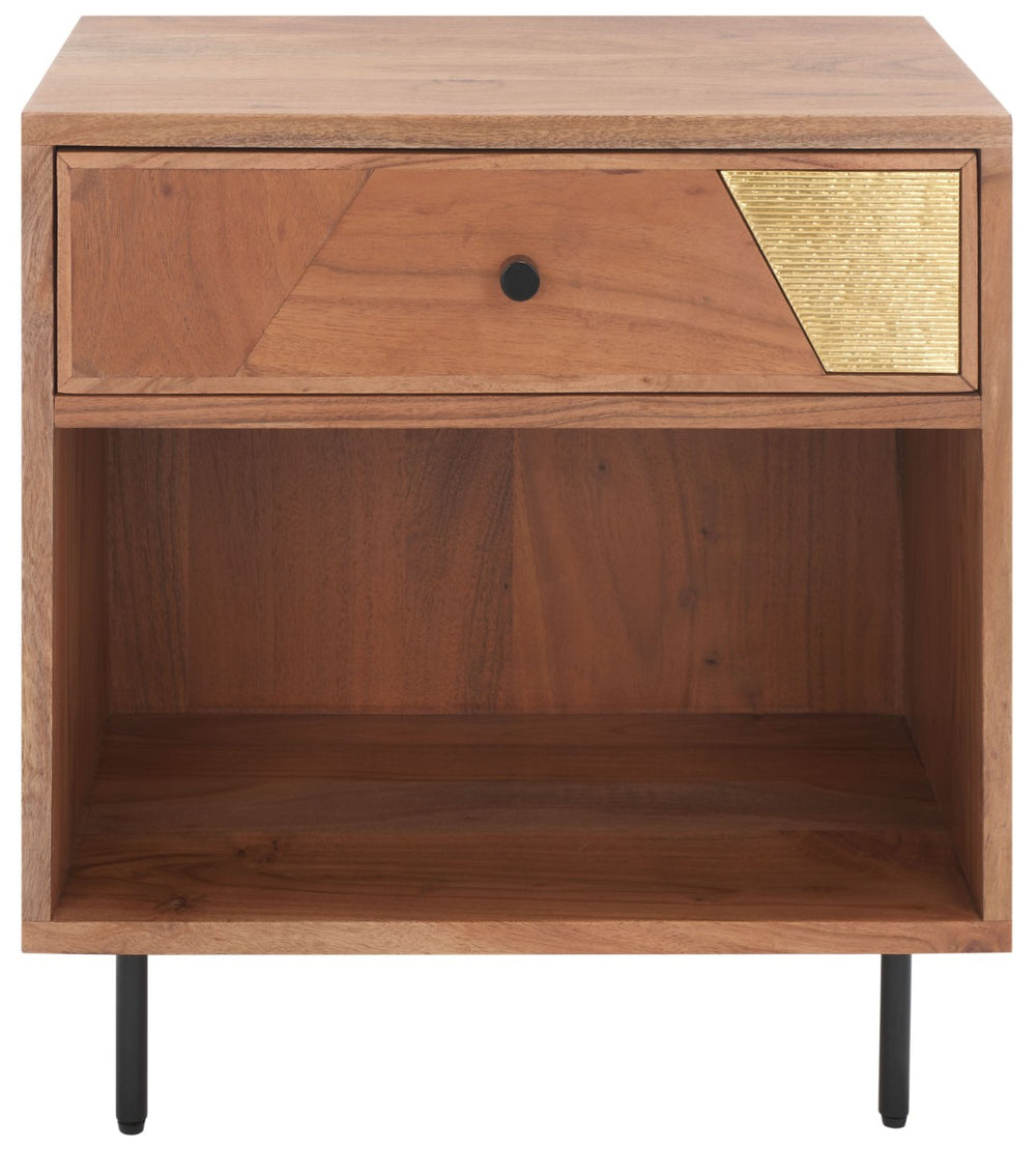 Safavieh Benford 1 Drawer Nightstand - Rustic Modern Acacia Wood With Gold Accents For Chic Bedroom Style NST9010A