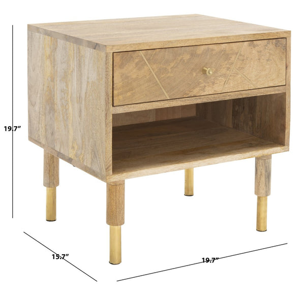 Safavieh Taft Elegant Mango Wood Nightstand With Brass Inlay & Open Shelf - Modern Bedroom Storage Solution NST9012A