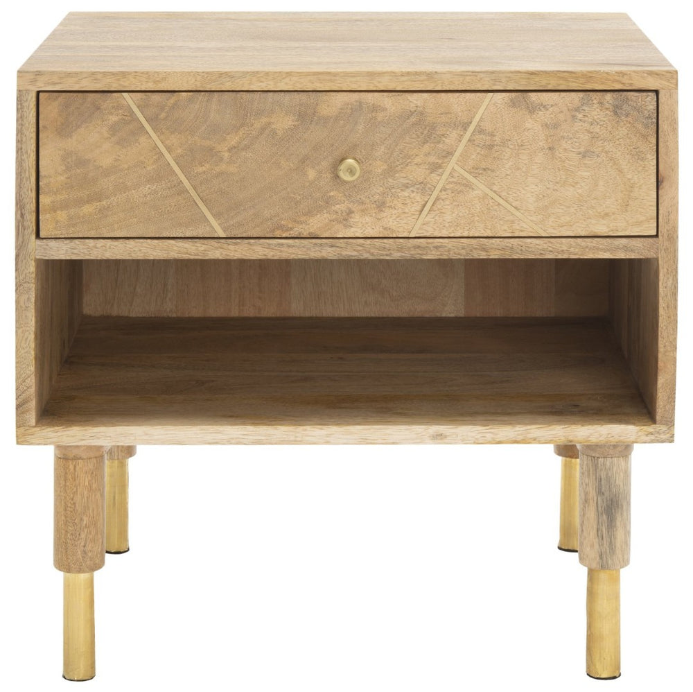 Safavieh Taft Elegant Mango Wood Nightstand With Brass Inlay & Open Shelf - Modern Bedroom Storage Solution NST9012A