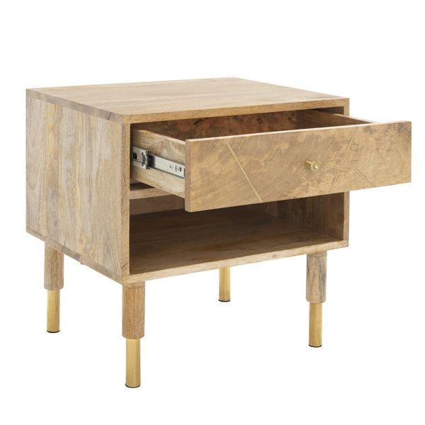 Safavieh Taft Elegant Mango Wood Nightstand With Brass Inlay & Open Shelf - Modern Bedroom Storage Solution NST9012A
