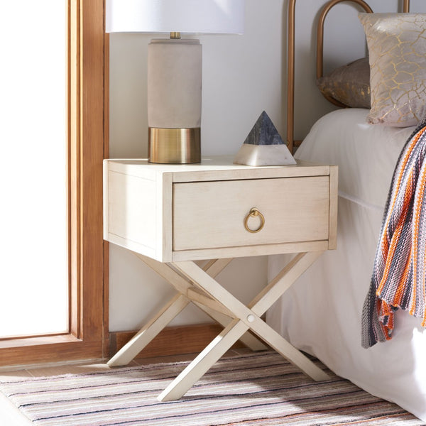 Safavieh Sadie One-Drawer Nightstand - Chic Campaign Design With Gold Accents For Stylish Bedroom Storage Antique White NST9200B