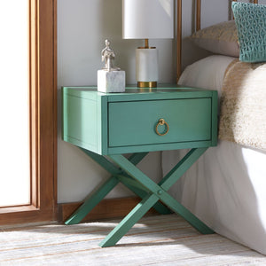 Safavieh Sadie One-Drawer Nightstand - Chic Campaign Design With Gold Accents For Stylish Bedroom Storage Turquoise NST9200C