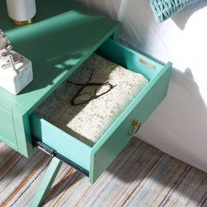 Safavieh Sadie One-Drawer Nightstand - Chic Campaign Design With Gold Accents For Stylish Bedroom Storage Turquoise NST9200C
