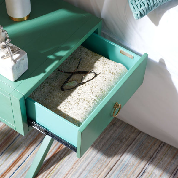 Safavieh Sadie One-Drawer Nightstand - Chic Campaign Design With Gold Accents For Stylish Bedroom Storage Turquoise NST9200C