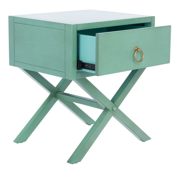Safavieh Sadie One-Drawer Nightstand - Chic Campaign Design With Gold Accents For Stylish Bedroom Storage Turquoise NST9200C