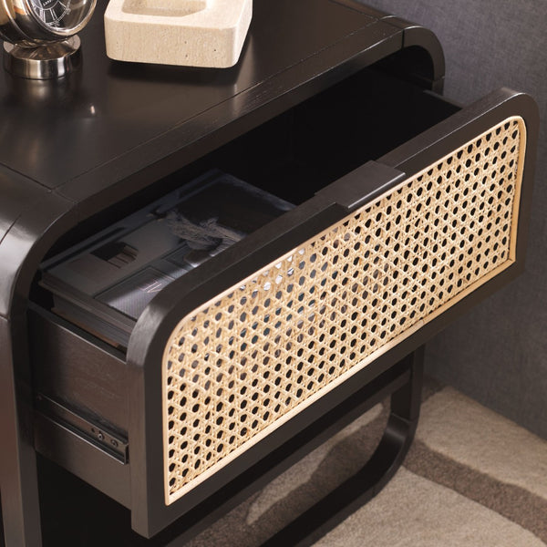 Safavieh Yunis Chic Nightstand With 1 Drawer And Open Shelf, Solid Wood & Woven Rattan, Modern Coastal Style Black / Natural Rattan NST9205A