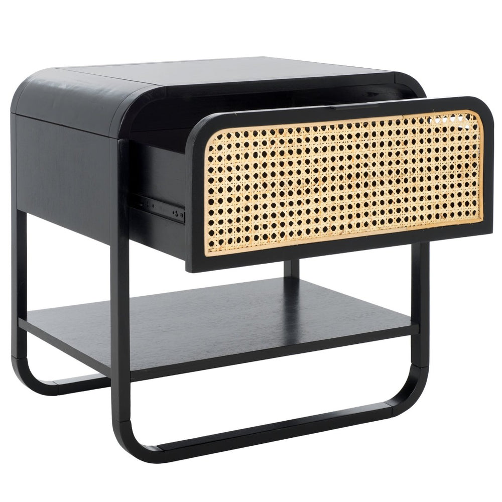Safavieh Yunis Chic Nightstand With 1 Drawer And Open Shelf, Solid Wood & Woven Rattan, Modern Coastal Style Black / Natural Rattan NST9205A