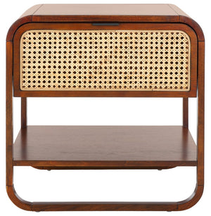 Safavieh Yunis Chic Nightstand With 1 Drawer And Open Shelf, Solid Wood & Woven Rattan, Modern Coastal Style Walnut / Natural Rattan NST9205C