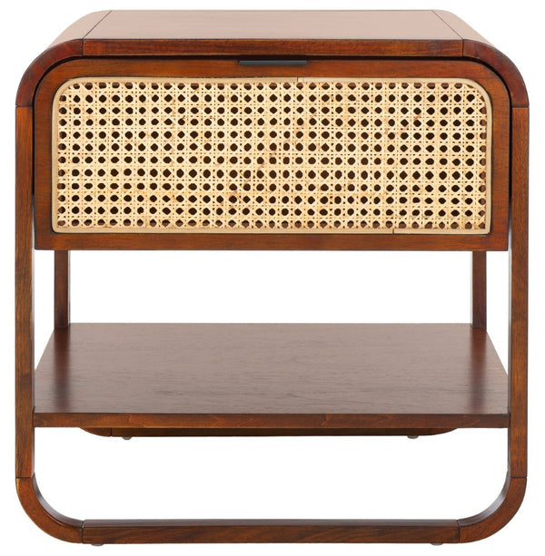 Safavieh Yunis Chic Nightstand With 1 Drawer And Open Shelf, Solid Wood & Woven Rattan, Modern Coastal Style Walnut / Natural Rattan NST9205C