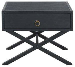 Safavieh Large Sadie Mixed Metal Wood Nightstand Single Drawer Bedroom Storage Modern Style Navy NST9207A