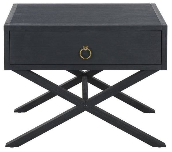 Safavieh Large Sadie Mixed Metal Wood Nightstand Single Drawer Bedroom Storage Modern Style Navy NST9207A