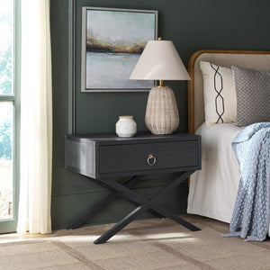 Safavieh Large Sadie Mixed Metal Wood Nightstand Single Drawer Bedroom Storage Modern Style Navy NST9207A