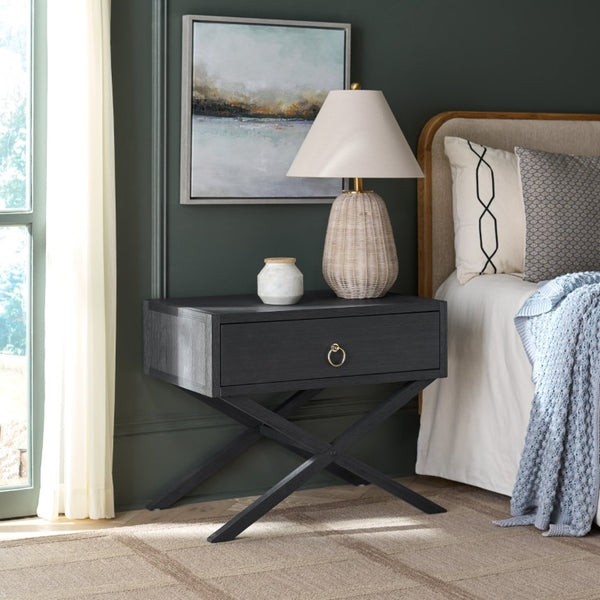 Safavieh Large Sadie Mixed Metal Wood Nightstand Single Drawer Bedroom Storage Modern Style Navy NST9207A