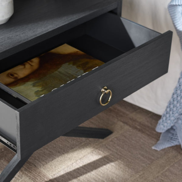 Safavieh Large Sadie Mixed Metal Wood Nightstand Single Drawer Bedroom Storage Modern Style Navy NST9207A