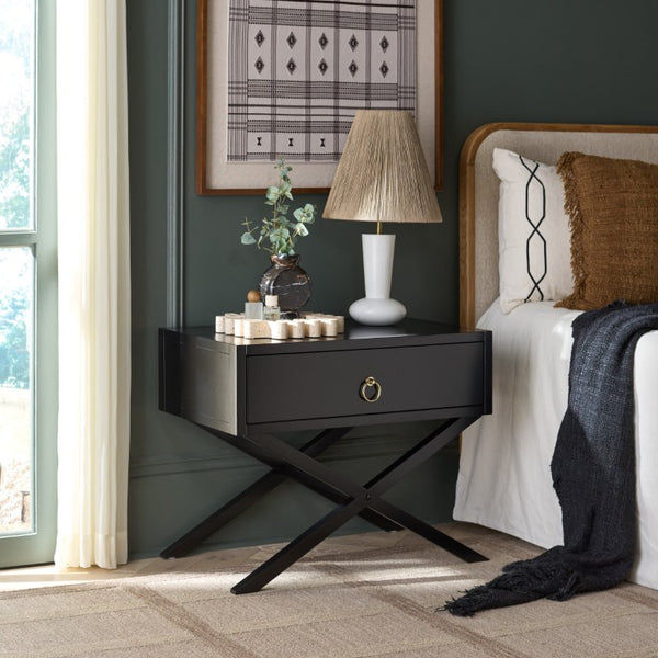 Safavieh Large Sadie Mixed Metal Wood Nightstand Single Drawer Bedroom Storage Modern Style Black NST9207B