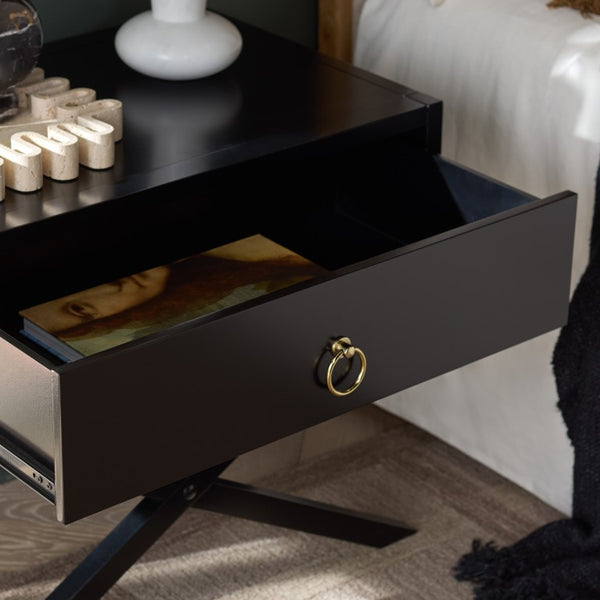 Safavieh Large Sadie Mixed Metal Wood Nightstand Single Drawer Bedroom Storage Modern Style Black NST9207B