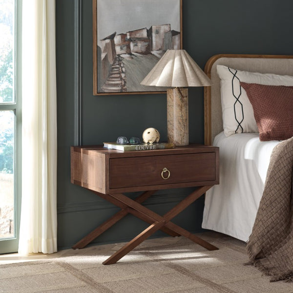 Safavieh Large Sadie Mixed Metal Wood Nightstand Single Drawer Bedroom Storage Modern Style Brown NST9207C