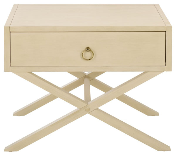 Safavieh Large Sadie Mixed Metal Wood Nightstand Single Drawer Bedroom Storage Modern Style Off White NST9207D