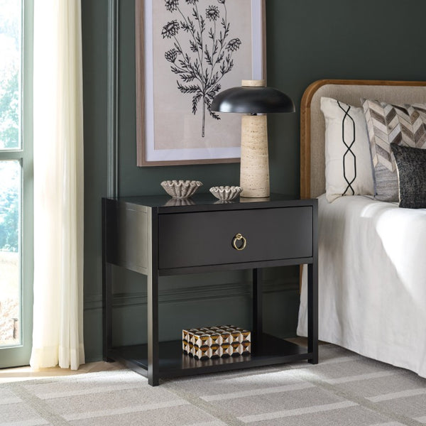 Safavieh Large Sadie Metal and Wood Nightstand with Drawer and Open Shelf for Modern Bedrooms Black NST9208B