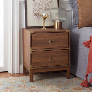 Safavieh Galio Vintage-Inspired Two-Drawer Nightstand With Elegant Gold Hardware And Warm Walnut Finish Walnut / Gold NST9600A