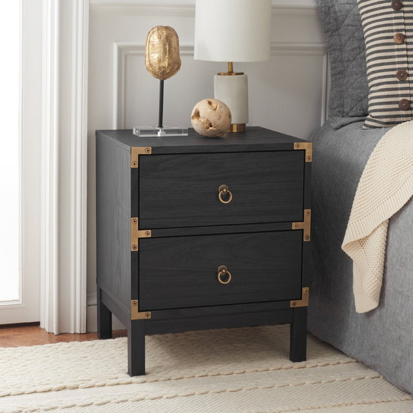 Safavieh Galio Vintage-Inspired Two-Drawer Nightstand With Elegant Gold Hardware And Warm Walnut Finish Black / Gold NST9600B