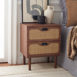 Safavieh Irelia 2 Drawer Nightstand With Rattan Texture - Stylish Storage Solution For Modern Bedrooms & Living Spaces Walnut NST9602A