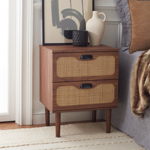 Safavieh Irelia 2 Drawer Nightstand With Rattan Texture - Stylish Storage Solution For Modern Bedrooms & Living Spaces Walnut NST9602A