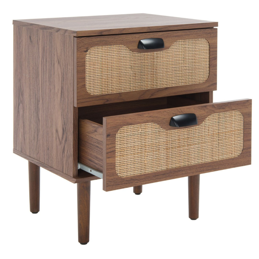 Safavieh Irelia 2 Drawer Nightstand With Rattan Texture - Stylish Storage Solution For Modern Bedrooms & Living Spaces Walnut NST9602A