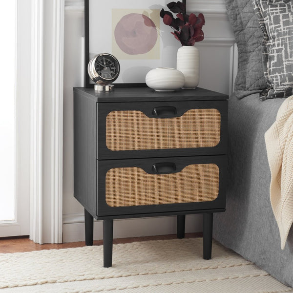 Safavieh Irelia 2 Drawer Nightstand With Rattan Texture - Stylish Storage Solution For Modern Bedrooms & Living Spaces Black NST9602B