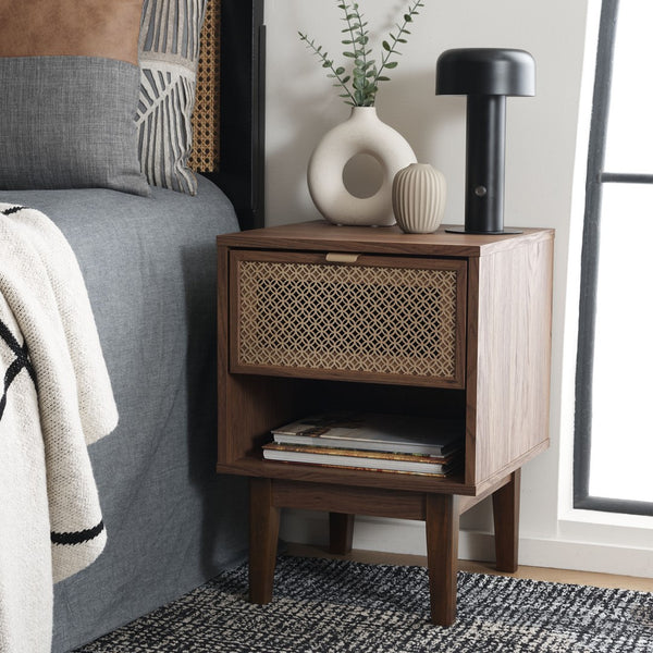 Safavieh Ceu 1 Drawer Night Stand Walnut / Gold Pb/ Mdf/ Solid Wood NST9604A