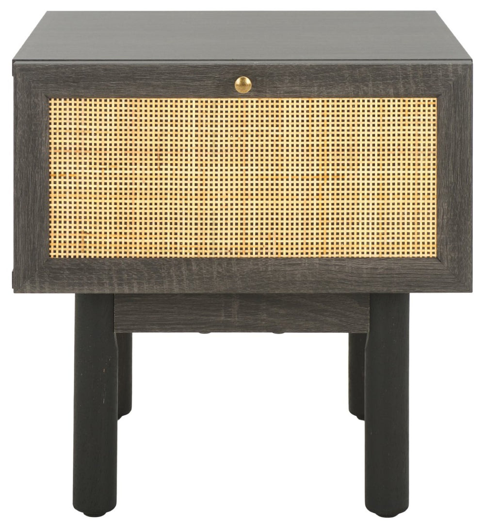 Safavieh Aino Modern Nightstand With Rattan Texture And Stylish Metallic Accents For Compact Spaces Distressed Black NST9606E