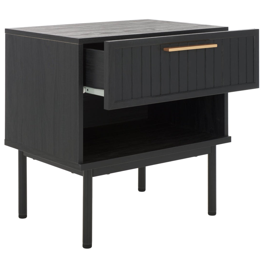 Safavieh Axelle Modern Nightstand With Drawer & Open Shelf - Stylish Bedroom Storage Solution For Essentials Black/ Black Legs / Gold Handle NST9607B