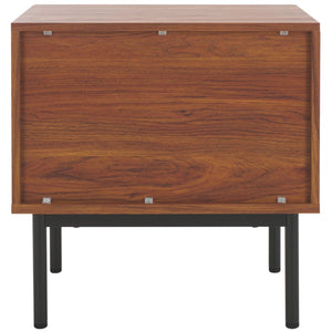 Safavieh Axelle Modern 2 Drawer Nightstand - Stylish Walnut Finish With Sleek Metal Legs For Bedroom Elegance Walnut / Black Legs / Black Handle NST9608A