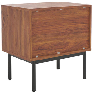Safavieh Axelle Modern 2 Drawer Nightstand - Stylish Walnut Finish With Sleek Metal Legs For Bedroom Elegance Walnut / Black Legs / Black Handle NST9608A