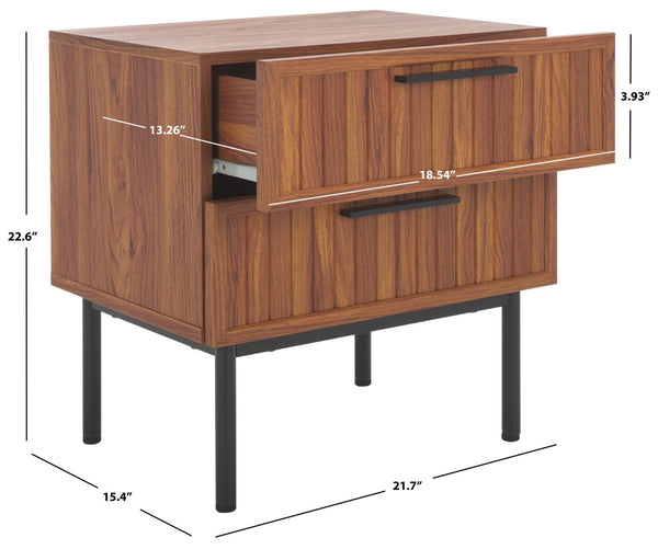 Safavieh Axelle Modern 2 Drawer Nightstand - Stylish Walnut Finish With Sleek Metal Legs For Bedroom Elegance Walnut / Black Legs / Black Handle NST9608A