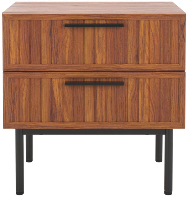 Safavieh Axelle Modern 2 Drawer Nightstand - Stylish Walnut Finish With Sleek Metal Legs For Bedroom Elegance Walnut / Black Legs / Black Handle NST9608A