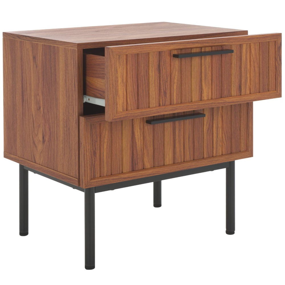 Safavieh Axelle Modern 2 Drawer Nightstand - Stylish Walnut Finish With Sleek Metal Legs For Bedroom Elegance Walnut / Black Legs / Black Handle NST9608A