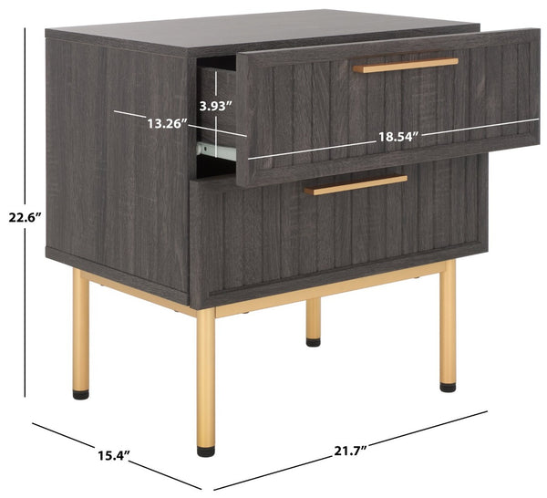 Safavieh Axelle Modern 2 Drawer Nightstand - Stylish Walnut Finish With Sleek Metal Legs For Bedroom Elegance Distressed Black / Gold Legs / Gold Handle NST9608E