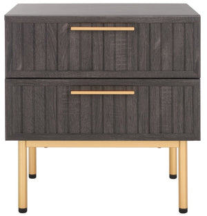 Safavieh Axelle Modern 2 Drawer Nightstand - Stylish Walnut Finish With Sleek Metal Legs For Bedroom Elegance Distressed Black / Gold Legs / Gold Handle NST9608E