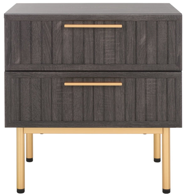 Safavieh Axelle Modern 2 Drawer Nightstand - Stylish Walnut Finish With Sleek Metal Legs For Bedroom Elegance Distressed Black / Gold Legs / Gold Handle NST9608E