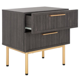 Safavieh Axelle Modern 2 Drawer Nightstand - Stylish Walnut Finish With Sleek Metal Legs For Bedroom Elegance Distressed Black / Gold Legs / Gold Handle NST9608E