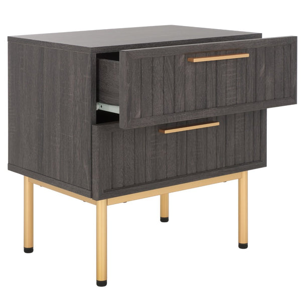 Safavieh Axelle Modern 2 Drawer Nightstand - Stylish Walnut Finish With Sleek Metal Legs For Bedroom Elegance Distressed Black / Gold Legs / Gold Handle NST9608E