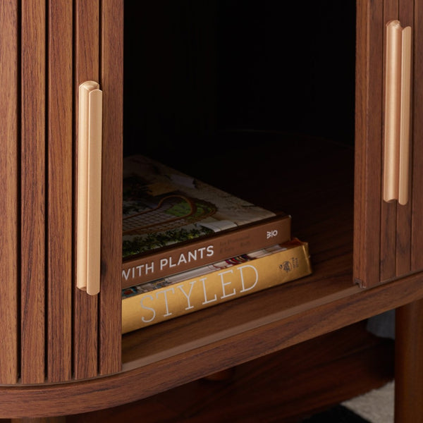 Safavieh Tealla Mid-Century Tambour Door Nightstand With Stylish Gold Hardware And Ample Storage Solutions Walnut / Gold NST9610A