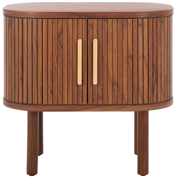 Safavieh Tealla Mid-Century Tambour Door Nightstand With Stylish Gold Hardware And Ample Storage Solutions Walnut / Gold NST9610A